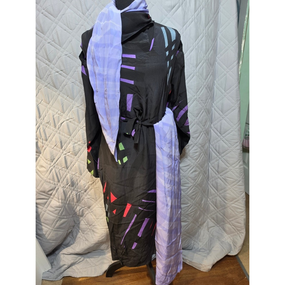 Babacho for Nicole 4 Pc Silk Dress Set Pants Scarf Belt Geometric Abstract Black